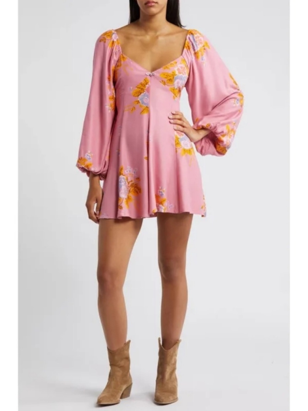 NWT Free People Francesca Floral Print Long Sleeve Minidress In Dawn Rose Combo